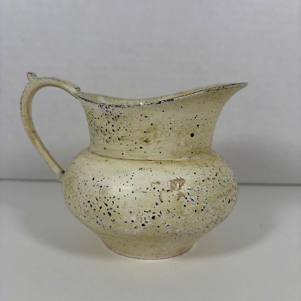 Vintage Speckled Cream Ceramic Pitcher Farmhouse Decorative Jug with Floral Foam